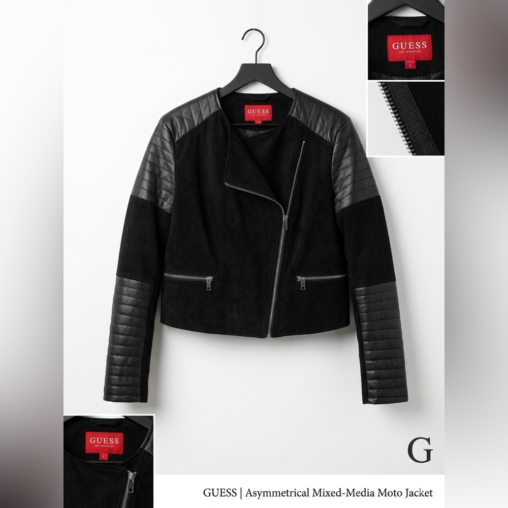 GUESS Black Quilted-Sleeve Moto Jacket